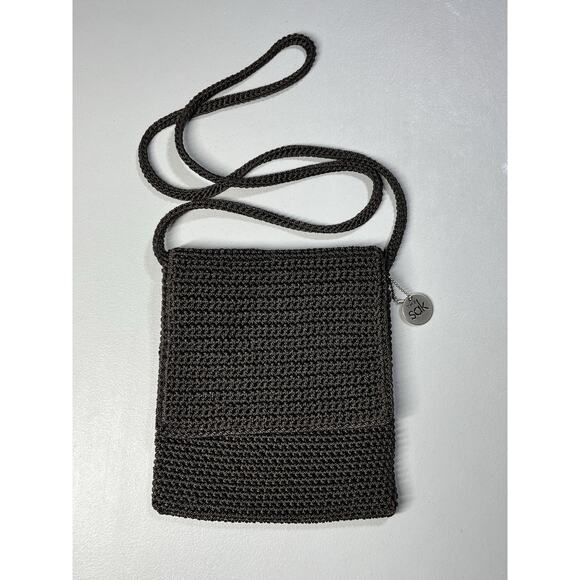 The Sak Crochet Knit Flap Over Crossbody Handbag Dark Brown Shoulder Bag Zip - Picture 1 of 9